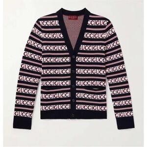 Gucci logo, cotton jacquard cardigan in ink, red and white size XL